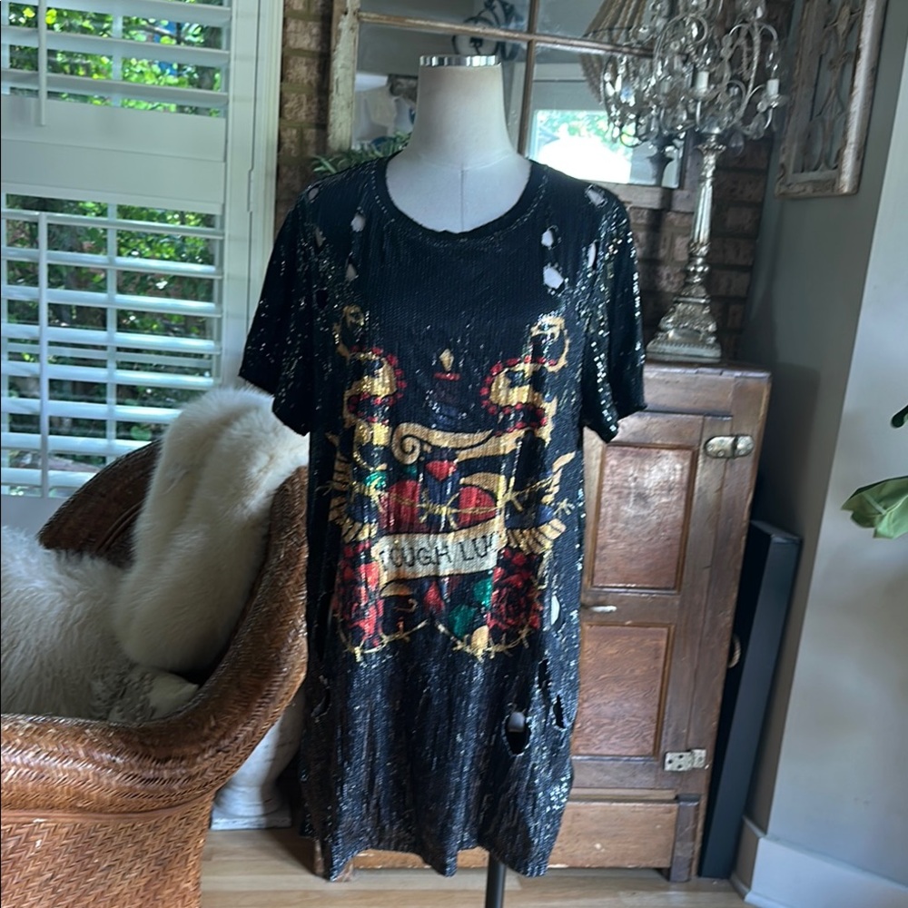 ONE ABOVE ANOTHER Oversized T-shirt Dress In Printed Sequin Text 'Tough Luck' 8